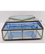 Brass &amp; Art Glass Box Square Etched Butterfly &amp; Flower Design Mirror Blu... - £31.35 GBP