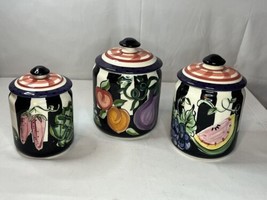 Vicki Carroll Bon Appetite Fruit And Veggie Striped Canister Set Of 3 HTF! Nice! - $93.46