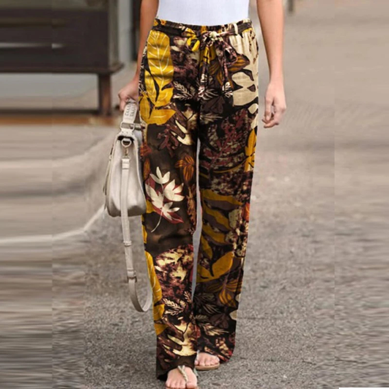 Women linen Pants Boho Ethnic Autumn Casual Drawstring Wide Leg Gypsy Hi... - $23.89