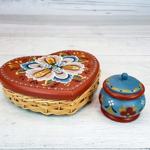 Vintage Rosemaling 5.5&quot; Wood Heart Covered Wicker Basket w Small Trinket Jar Set - £22.91 GBP