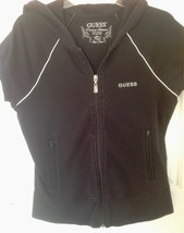 Guess Women&#39;s Black Full Zip Short Sleeve Shirt Bling Rhinestones Pockets Large - £9.41 GBP