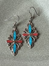Curlicue Silvertone Trapezoid w Turquoise &amp; Coral Nugget Inlaid Cross Dangle Ear - £11.90 GBP