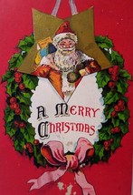 Santa Claus Saint Nicholas Christmas Postcard Hanging Inside Wreath Series 1164 - £11.07 GBP