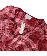Francesca&#39;s Jun &amp; Ivy Allison Plaid Ladder Trim Blouse Top Medium Pink Red - $18.02