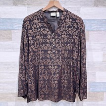 Chicos Silk Foil Floral Print Blouse Brown Sheer Paisley Vintage Womens Large 2 - £62.57 GBP
