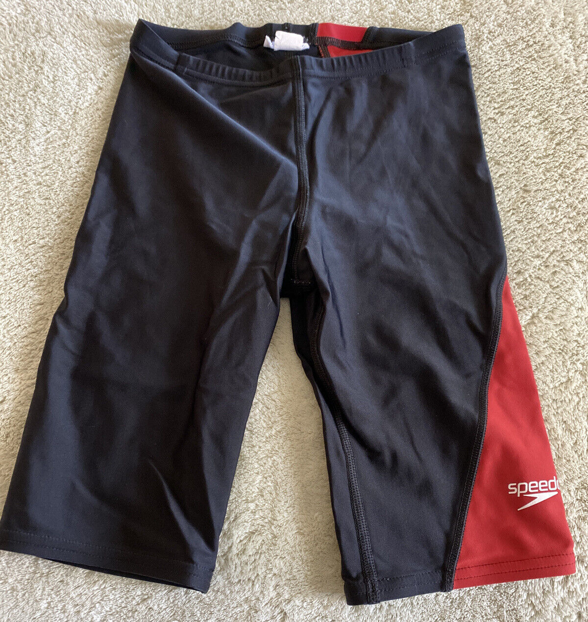 Primary image for Speedo PowerFlex Eco Boys Black Red Jammer Drawstring Swim Shorts Size 26