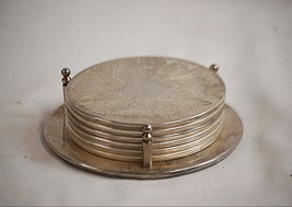 Classic Silverplated Set of 6 Drink Coasters Etched Scroll Design Man Ca... - $244.42 MXN