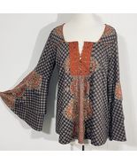 One World Tunic Top Large TIERED 3/4 Sleeve BOHO Brown Rust PAISLEY Tunic - $19.79