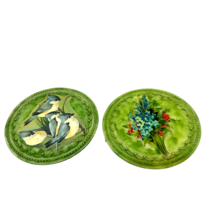 Antique Hand Painted 4.5 inch Plastic Coasters Flowers Birds Lot of 2 - $19.53