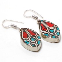 Tibetan Turquoise Coral Bohemian Handmade Jewelry Earrings Nepali 1.70&quot; SA 3052 - £4.78 GBP