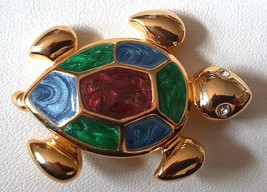 TURTLE Brooch Pin Brightly Enamel Green Blue Red Gold Tone Setting Crystal Stone - £13.45 GBP