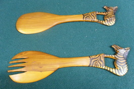 Wood Serving Spoon + Fork Africa With Zebra Handcarved 2 pc. NEW Free ship - £18.49 GBP