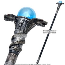 Twin Cobra Handle Gentleman’s Cane Walking Stick Blue Crystal Ball Steel Shaft - £15.81 GBP