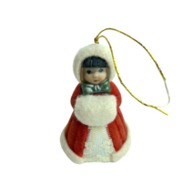 Vintage Christmas Caroler Figurine Jasco Felt Covered Girl Porcelain Bell - $12.00