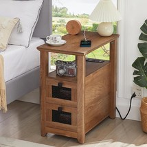 Farmhouse Xxl End Table With Charging Station, Narrow Side Table With Usb Ports  - £188.22 GBP