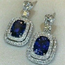 925 Sterling Silver 5.80Ct Cushion Simulated  Sapphire Drop/Dangle Earrings - £134.52 GBP