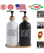Elegant Black &amp; White Soap Dispenser Set with Bamboo Pump - Farmhouse Style - $921.56 MXN