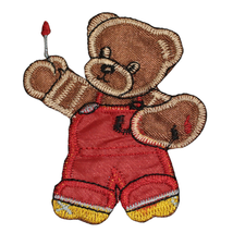 Vintage Large Satin Teddy Painter Bear Red Overalls Iron On Patch Appliq... - $17.81