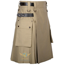 KHAKI Cotton Scottish utility kilt Two Cargo Pockets Leather Strap kilt For men - £39.83 GBP