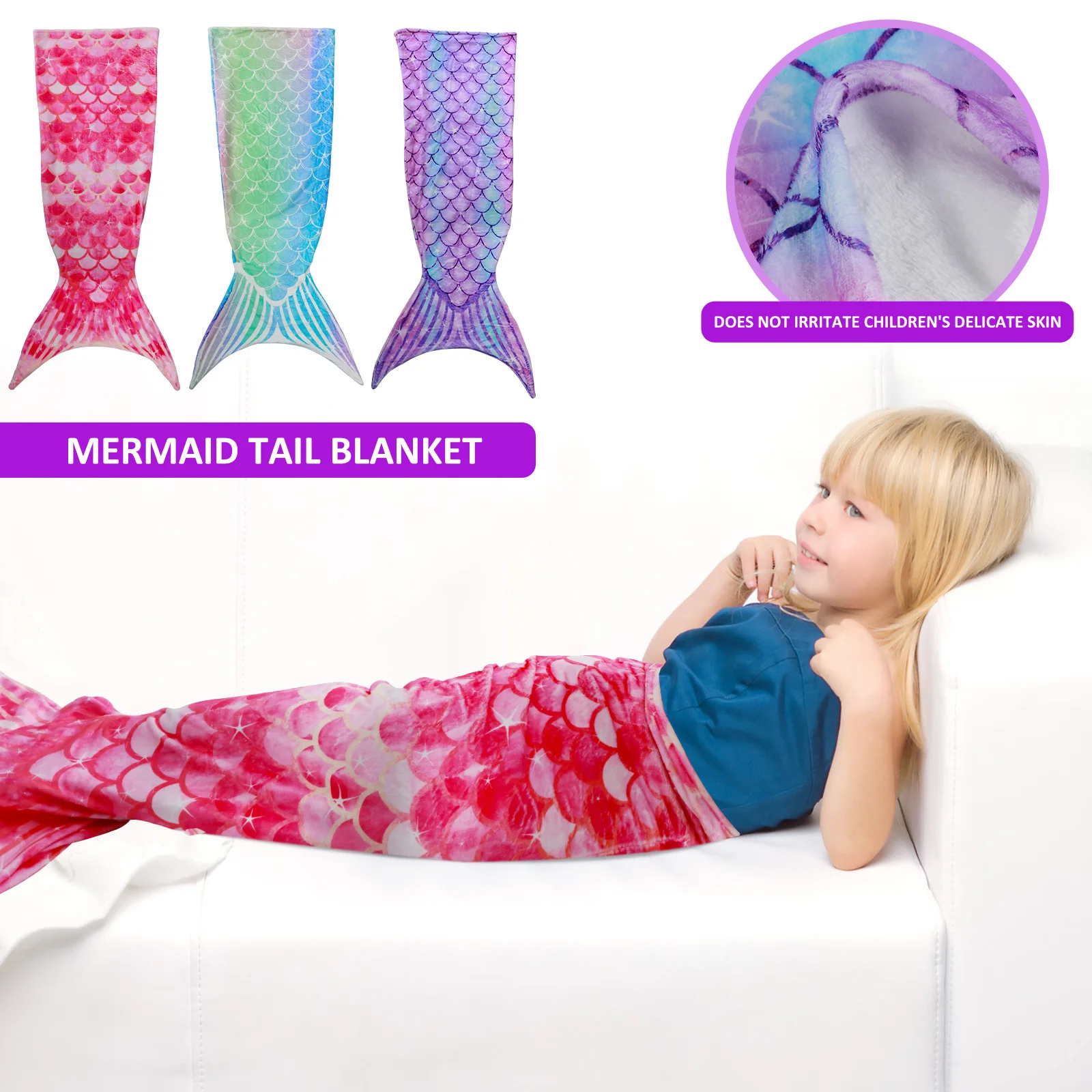 Mermaid Tail Blanket Ultra-Soft Flannel Sleeping Blanket Children Mermaid - £17.09 GBP+