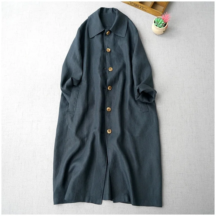 autumn loose long coat simple literary &#39;s ing linen Lapel long sleeve wi... - $196.15