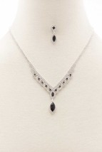 New Silver Tone Marquise Shape Black Rhinestone Necklace &amp; Earring Set - £11.07 GBP