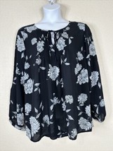 Roz &amp; Ali Womens Plus Size 3X Dark Navy Floral Tie Neck Blouse Long Sleeve - $17.99
