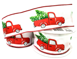Red Truck With Christmas Tree Wired Ribbon 2-1/2&quot; Wide 13 yds Total - £9.66 GBP
