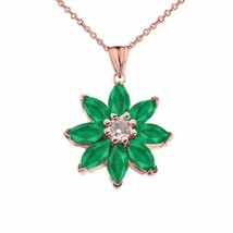 Solid 14k Rose Gold Genuine Emerald and Diamond Daisy Pendant Necklace - £141.92 GBP+