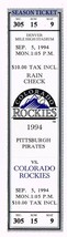 1994 Pirates @ Rockies Full Unused Phantom Ticket September 5th Strike Year - £7.54 GBP