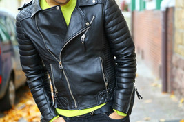Men Black Handmade Diamond Quilted Genuine Real Leather Jacket shoulder ... - $143.99