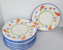 VTG FWC ceramic 10.5&quot; 8 dinner plates summer oasis fish ocean Nautical Set Blue - £30.48 GBP