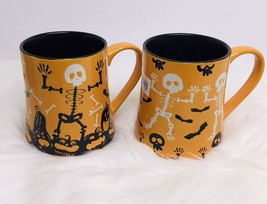 2 Halloween Coffee Mugs White &amp; Black Skeletons Bones Ceramic 18oz - £22.05 GBP