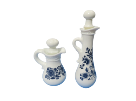  Vintage 1972 Avon Delft Blue Milk Glass Bath Oil Pitcher &amp; Sonnet Empty W/Tops - £11.87 GBP