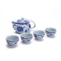 Exquisite 5 PCS Blue-And-White Peony Design Ceramic Tea Pot Tea Cups Set... - $16.99