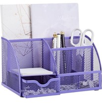 Mesh Desk Office Organizer with 7 Compartments + Drawer Purple Tidy Pen Holder - £8.30 GBP