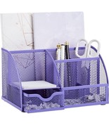 Mesh Desk Office Organizer with 7 Compartments + Drawer Purple Tidy Pen ... - £8.17 GBP