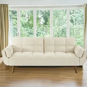 Bed Beige Velvet Sofa, Adjustable Backrest Convertible Sleeper Futon Lov... - $705.99