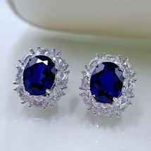 2Ct Oval Cut CZ Blue Sapphire Halo Stud Earring 14K White Gold Finish - $157.49