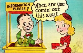 Vtg Linen Postcard Cartoon Information Booth When Are You Comin Out This Way UNP - £3.27 GBP