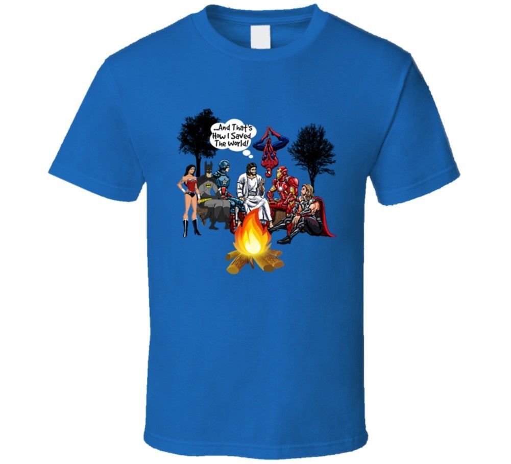 Jesus Superheroes Campfire T Shirt How I Saved The World Christian Unisex Tee - $10.86 - $14.82