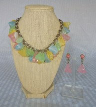 Vintage flapper length multi colored faux polished stone necklace &amp; earrings - £11.71 GBP