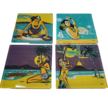 4 Hawaiian Glass Coasters Luau Tiki Surfer Hulu Girl Barware Island Paradise Vtg - £20.03 GBP