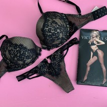 Victoria&#39;s Secret 32DD,34C BRA SET S Black beige fishnet Pantyhose Embellished - £78.44 GBP