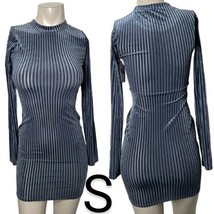 Dusty Blue Velvet Mesh Mock Long Sleeve Mini Dress~Size S - £23.14 GBP