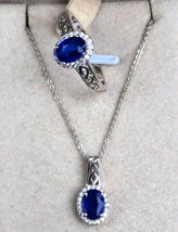 Blue Spinel / Zircon Halo Ring &amp; Pendant Set 20 In. Platinum Over Sterling Sz 8 - £63.90 GBP