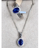 Blue Spinel / Zircon Halo Ring &amp; Pendant Set 20 In. Platinum Over Sterli... - £63.89 GBP