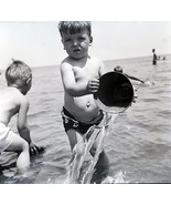 1946 Cute Boy at Beach Water Pail Bucket Photo B&amp;W Negative - $6.50