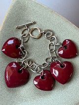 Silvertone Open Oval Chain w Large Burgundy Rusty Red Plastic Puffy Heart Charms - £10.31 GBP