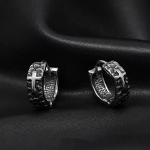 Mens Gothic Punk Rock Round Small Cross Huggie Hoop Earrings Surgical St... - £9.48 GBP